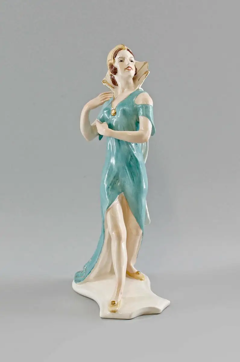 9997785 Ens Porzellan Figur Frau Tänzerin Art deco mit Schleppe H27cm 1