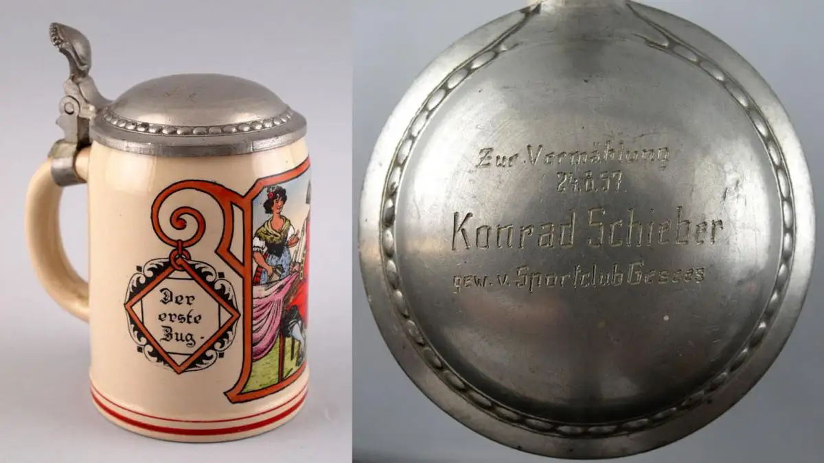 99848010-d Keramik Bierkrug Marzi & Remy Jugendstil Biergartenszene 1