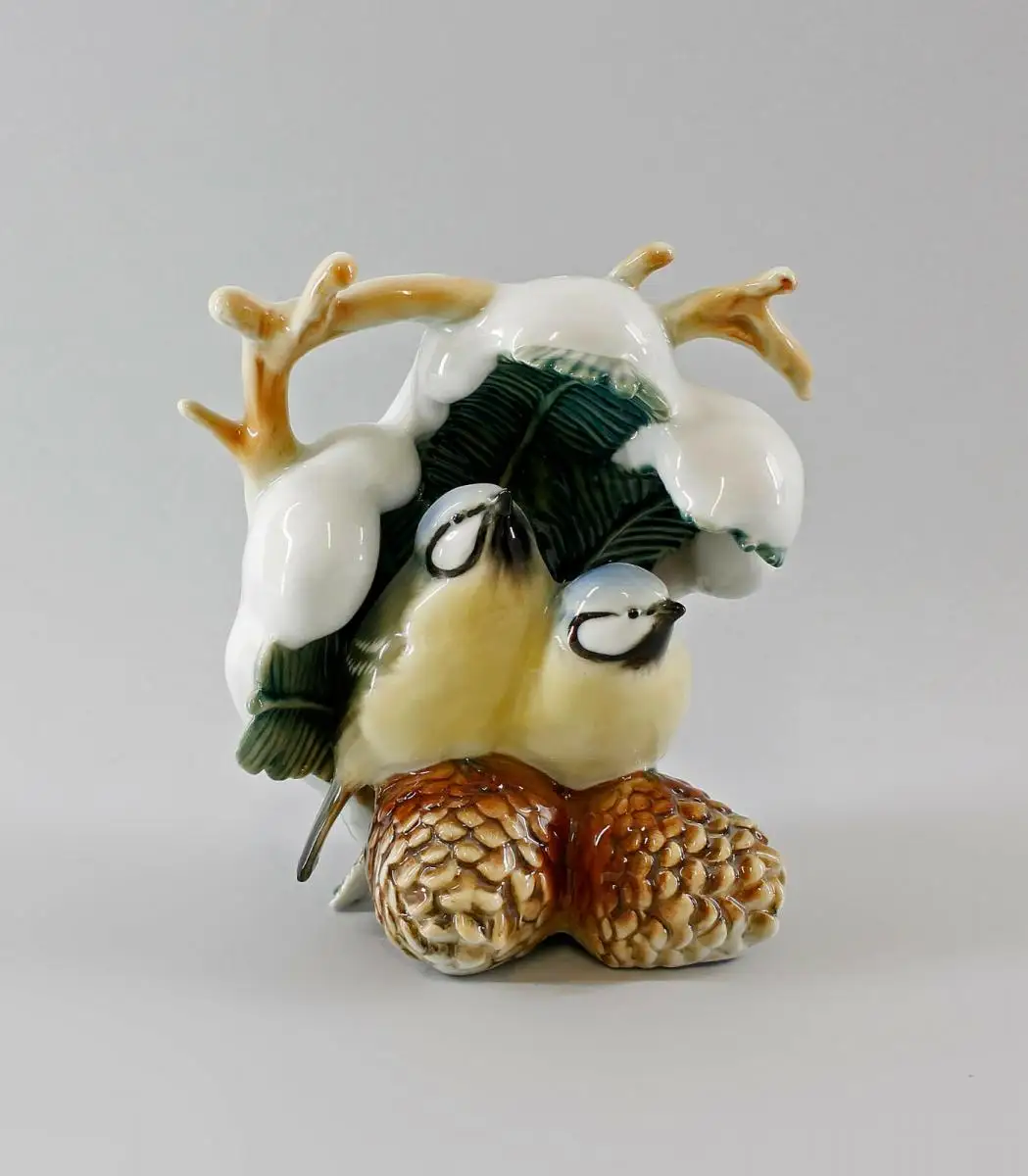 9997556 Porzellan Figur Blaumeisen Paar Winter Tanne Meise Vogel Ens 18x14cm 0