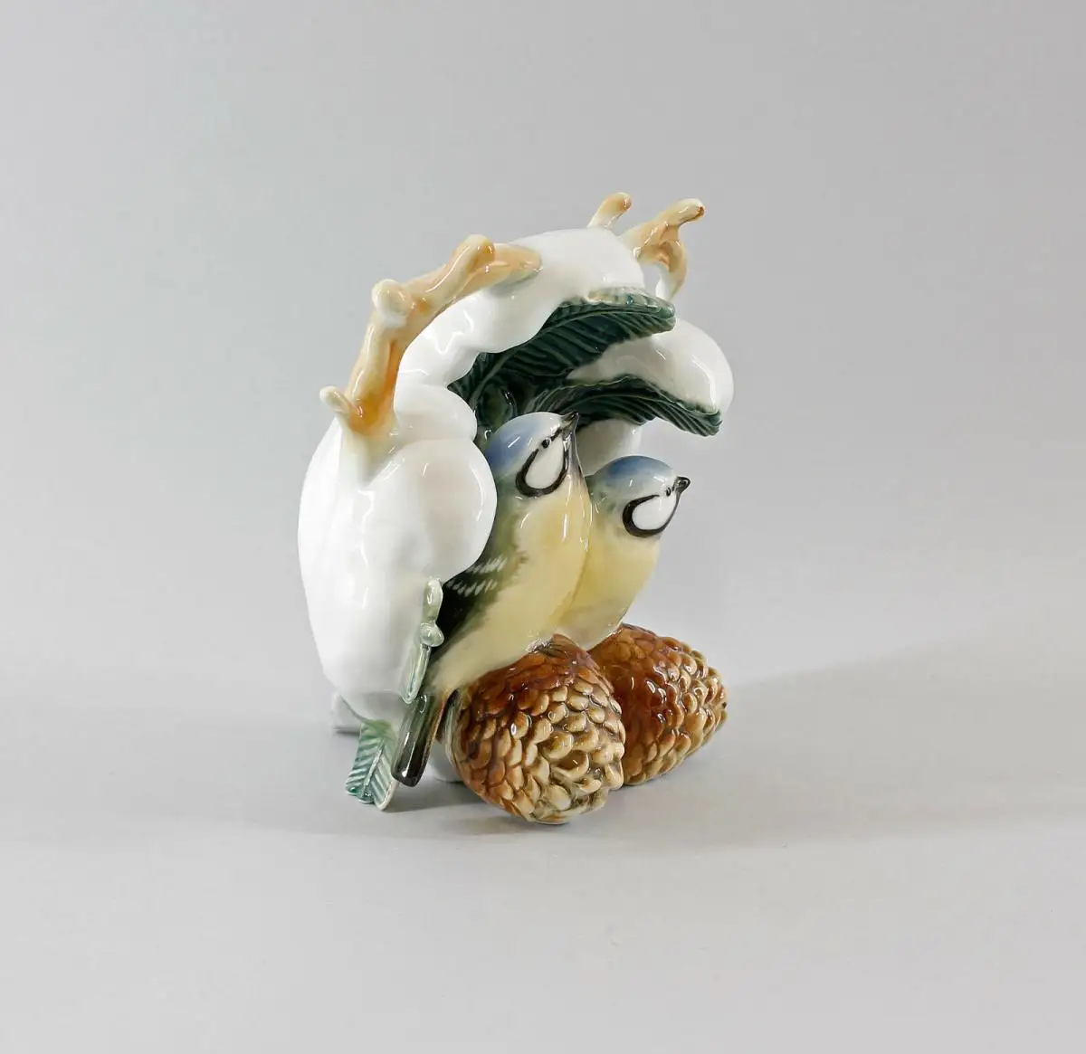 9997556 Porzellan Figur Blaumeisen Paar Winter Tanne Meise Vogel Ens 18x14cm 2
