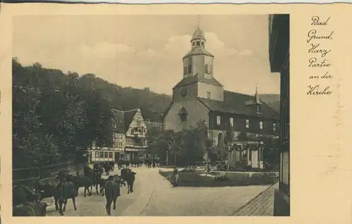 Bad Grund v. 1938 Partie an der Kirche wo Kühe laufen (AK158)