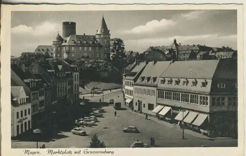Mayen v. 1957 Marktplatz mit Geschäfte,Gasthof und die Burg (AK910)