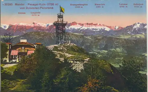 Südtirol / Mendel-Penegal-Kulm v. 1935 Dolomiten Panorama mit Hotel und Turm (AK1073)