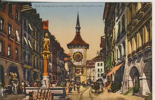 Bern v. 1914 Kramgasse mit Zeitglocken, Brunnen und Pferdefuhrwerk (AK1102)