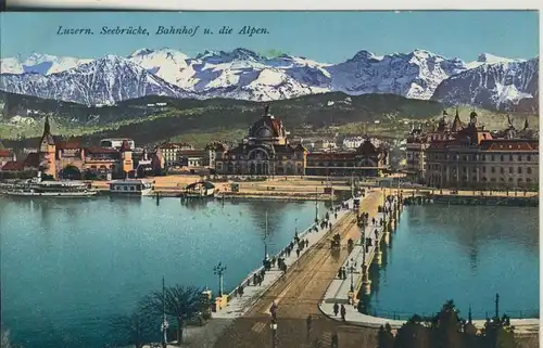 Luzern v. 1916 Teil-Stadt-Ansicht mit den Bahnhhof und Alpen (AK1112)