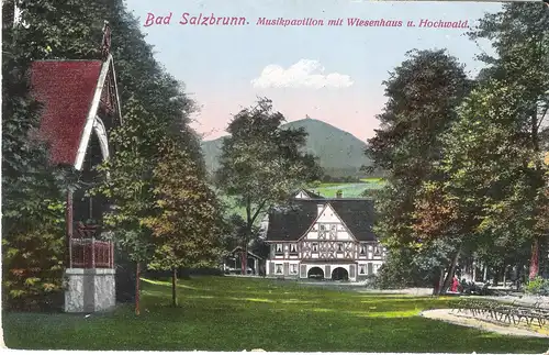 Bad Salzbrunn - Musikpavillion mit Wiesenhaus und Hochwald von 1916 (026AK)