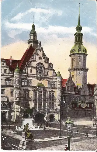 Dresden - Schloss - König Albert-Denkmal, Schlossturm von 1924 (035AK)