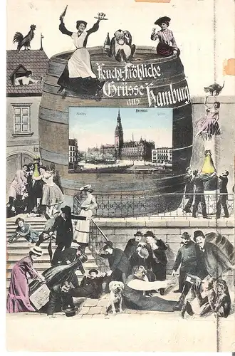 Feuchtfröhliche Grüsse aus Hamburg - Rathaus im Fass von 1906 (L010AK)