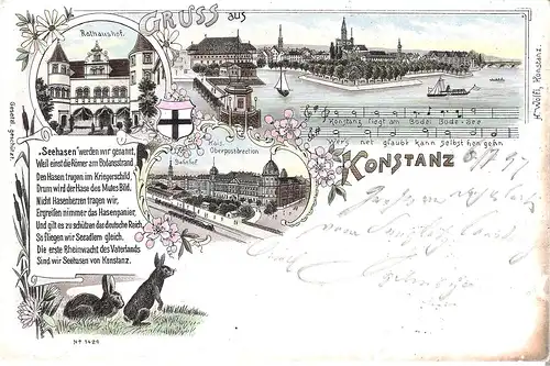 Konstanz - 3 Ansichten mit Noten und Liedtext von 1897 (L016AK)