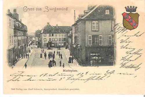 Gruss aus Saargemünd - Marktplatz und Wappen von 1899 (L034AK)