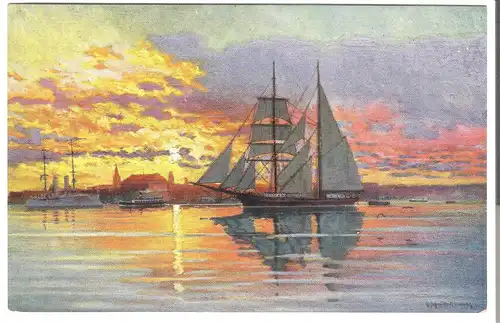 Sonnenuntergang am Kieler Hafen von 1920 (AK3600) 
