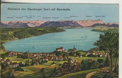 Starnberg v. 1920 Panoram der Stadt und die Alpenkette und Starnberger See (AK2173)