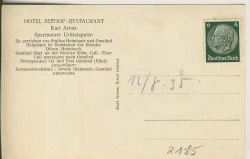 Sperrmauer-Ursttalsperre v. 1935 Mit Hotel Seehof Restaurant (AK2185) 