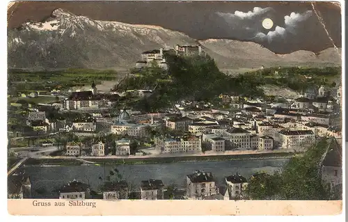 Gruß aus Salzburg - bei Nacht mit Mondschein v. 1907 (AK3377)