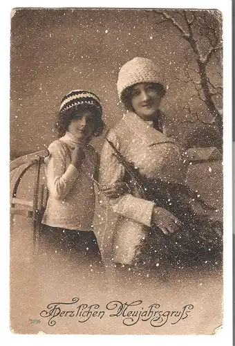 Herzlichen Neujahrsgruß Mutter mit Tochter im Schneegestöber - von 1924 (AK3681)