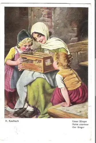 Mutter mit 2 Kindern in Vogelkäfig schauend - von 1924 (AK3743)