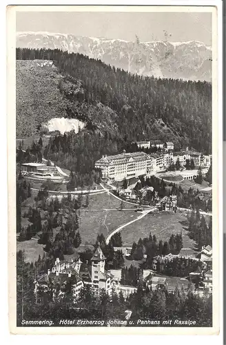 Semmering - Hotel Erzherzog Johann u.Panhans mit Raxalpe v. 1938 (AK3579)