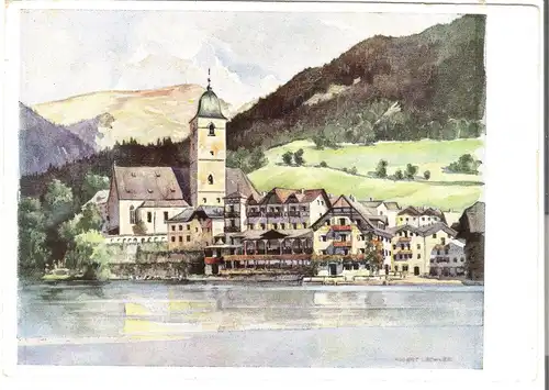 Wolfgangsee mit St.Wolfgang - mit Schalenberg - Künstler-Karte von 1960 (AK3828)