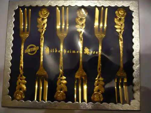 6 Kuchengabeln - Hildesheimer Rosen - vergoldet - in org. Karton (868a) Preis reduziert