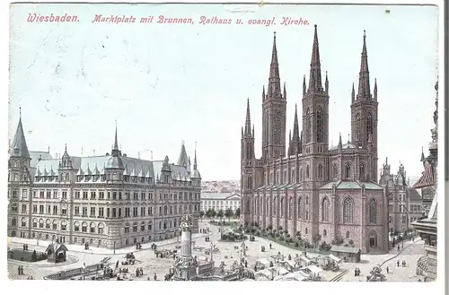 Wiesbaden - Marktplatz mit Brunnen, Rathaus u. evangl. Kirche v. 1908 (AK4584)
