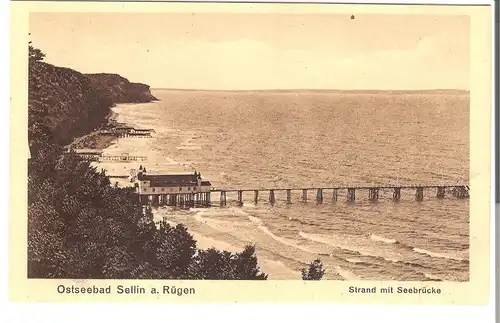 Ostseebad Sellin auf Rügen - Strand mit Seebrücke v. 1925 (AK53419)
