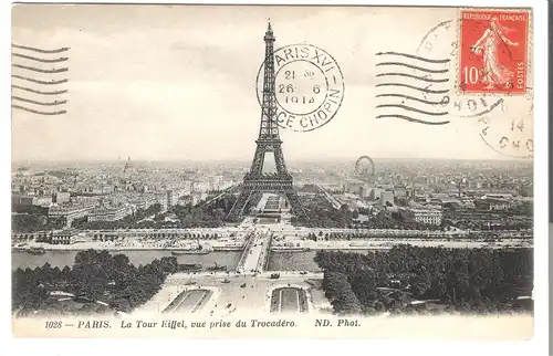 Paris - Panorama - La Tour Eiffel, vue prise du Trocadéro von 1914 (4667)