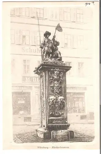 Würzburg - Fischerbrunnen mit Kaufhaus und Geschäften im Hintergrund v.1914 (AK5055)