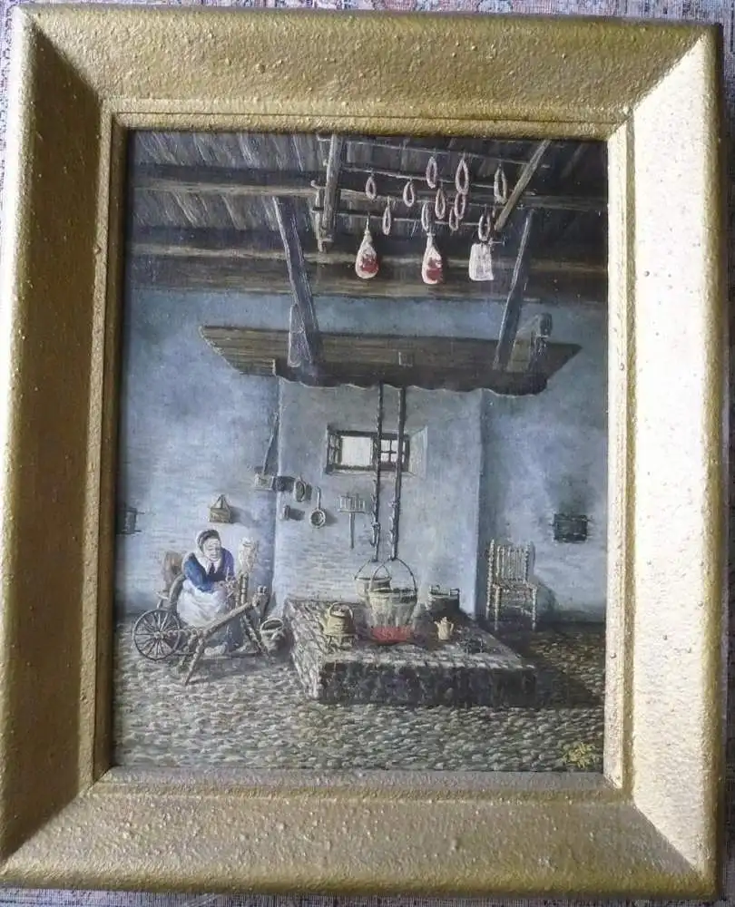 Bauern Küche mit spinnender Bäuerin - von Franz Paul Götte - dat.1947 (1158RG) Preis reduziert 0
