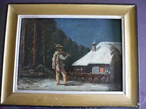 Jäger vor Hütte im Winter - von Franz Paul Götte - dat.1946 (1159RG) Preis reduziert