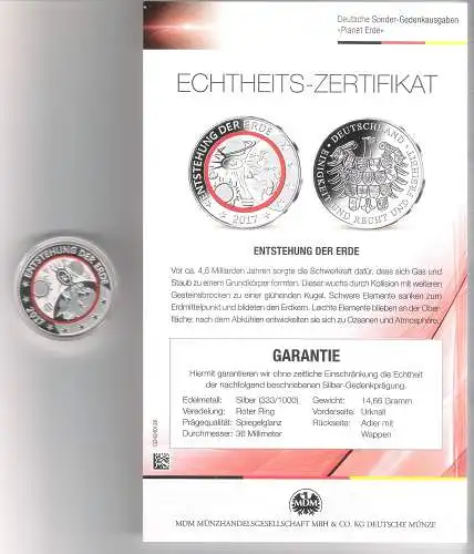 Deutsche Sonder-Gedenkausgabe >Planet Erde< - Entstehung der Erde -  von 2017 (M-01)