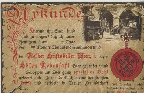 Wien 1 - Melker Stiftskeller - Urkunde mit Prägesiegel - von 1930  (AK59031)