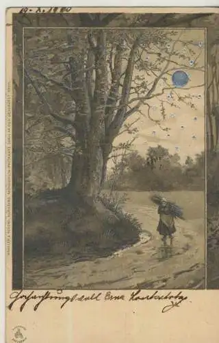 Bäuerin mit Reisig auf Feldweg - mit Silbermalerei Mond und Sterne - von 1900 (AK59067)