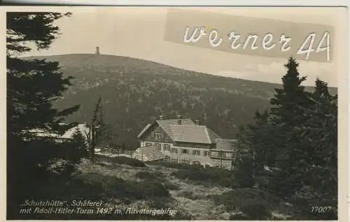 Schutzhütte ,"Schäferei" mit Adolf Hitler Turm im Altvatergebirge v. 1941 (AK49942)