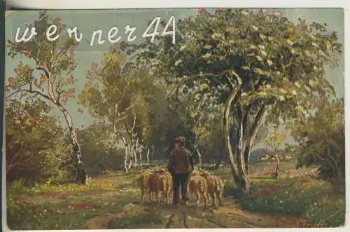Schäfer mit seiner Schafherde auf Feldweg    - von 1916  (AK35316a)