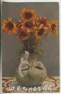 Blumenvase mit Sommerblumen - Vase decoriert mit Junge und Maus  - von 1923 (AK35348a)