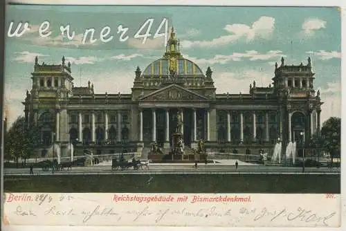 Berlin - Reichstagsgebäude mit Bismarckdenkmal - von 1905 (AK35380a)