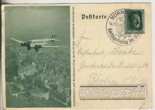 Flugzeug über Nürnberg - Reichsparteitag - Feldpostkarte  - von 1937 (AK35385a)