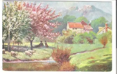 Schäfer mit Herde auf Wiese unter Bäumen am Bach im Hintergrund Häuser und Berge - von 1915 (AK6466)