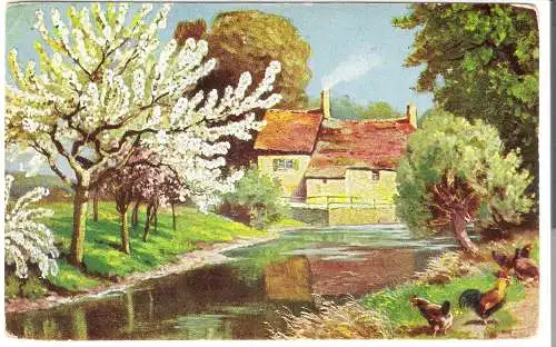 Haus am Fluss mit blühenden Obstbäumen und Hühnern  - von 1923 (AK6469)