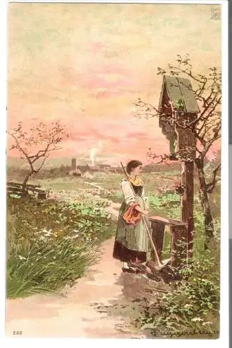Bäuerin betet beim Kreuz am Feldweg  - von 1935 (AK6483)