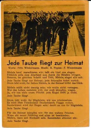 Liederkarte : Jede Taube fliegt zur Heimat - Bild und Liedtext - von 1940 (AK6620)