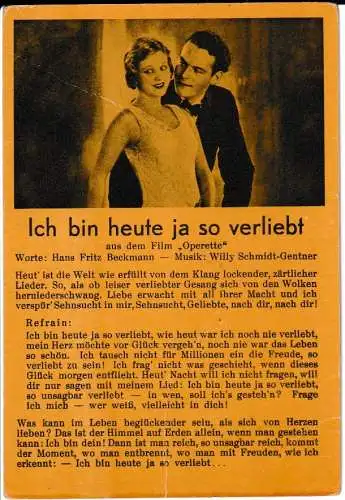 Liederkarte : Ich bin heute ja so verliebt - Bild und Liedtext - von 1941 (AK6623)