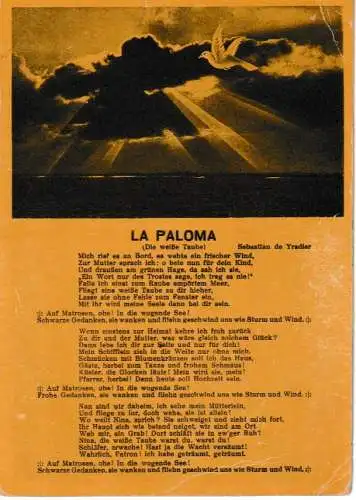 Liederkarte : LA PALOMA (Die weiße Taube) - Bild und Liedtext - von 1944 (AK6625)