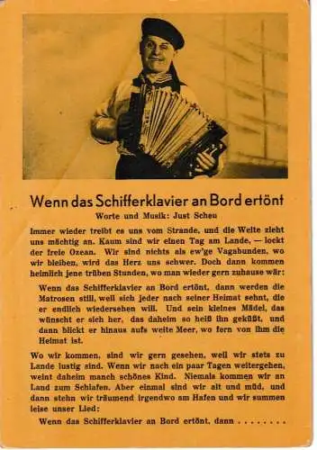 Liederkarte : Wenn das Schifferklavier an Bord ertönt - Bild und Liedtext - von 1939 (AK6629)