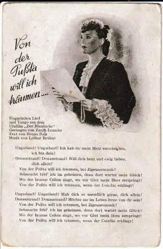 Liederkarte : Von der Pusta will ich träumen - Bild und Liedtext - von 1938 (AK6634)