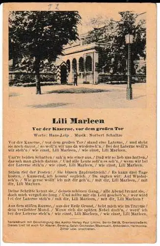 Liederkarte : Lili Marleen - Vor der Kaserne, vor dem großen Tor - Bild und Liedtext - von 1939 (AK6636)