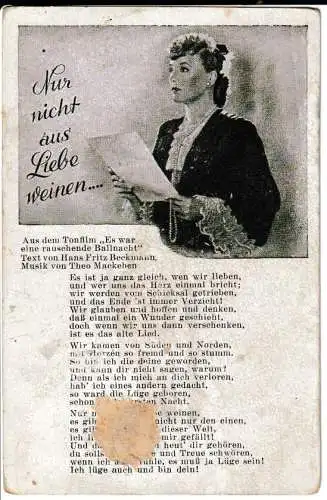 Liederkarte : Nur nicht aus Liebe weinen... - Bild und Liedtext - von 1939 (AK6638)