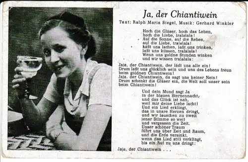 Liederkarte : Ja, der Chiantiwein - Bild und Liedtext - von 1940 (AK6643)