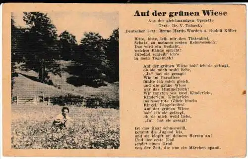 Liederkarte : Auf der grünen Wiese - Bild und Liedtext - von 1940 (AK6652)