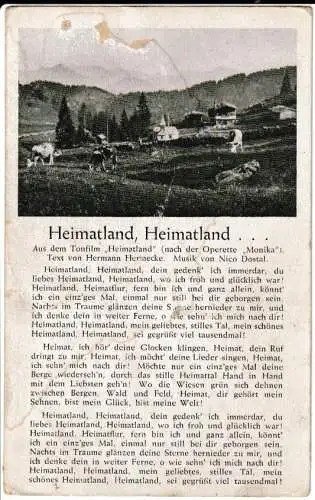 Liederkarte : Heimatland, Heimatland... - Bild und Liedtext - von 1941 (AK6653)